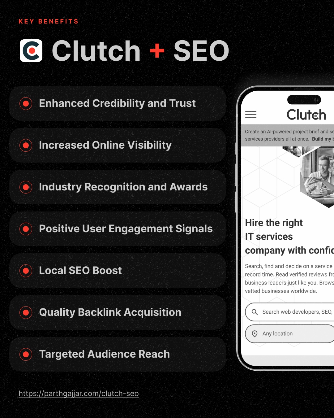 benefits of clutch seo mentioned with clutch logo and screenshot of clutch site