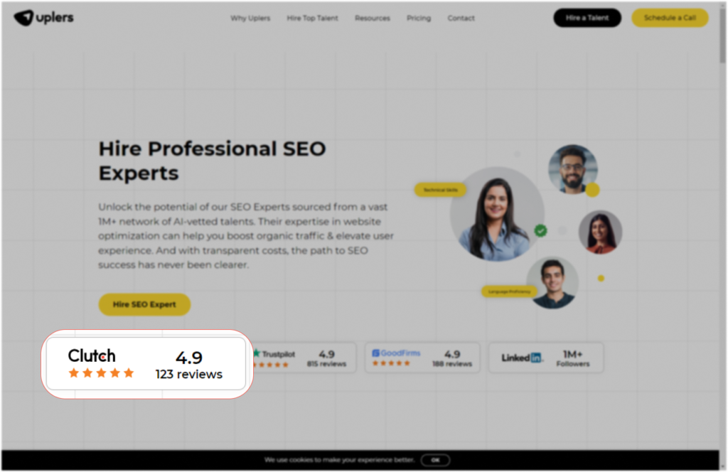 uplers landing page for "Professional SEO Experts" with a blur background and focusing on clutch widget used by them.