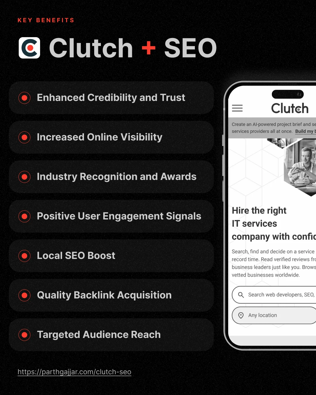 benefits-of-clutch-seo benefits of clutch seo mentioned with clutch logo and screenshot of clutch site