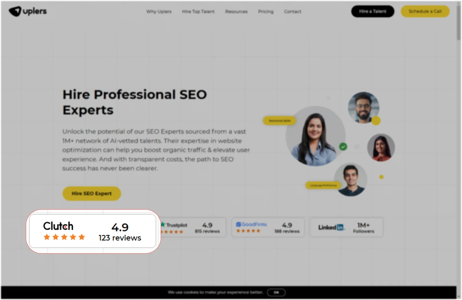 uplers-clutch-widget uplers landing page for Professional SEO Experts with a blur background and focusing on clutch widget used by them.